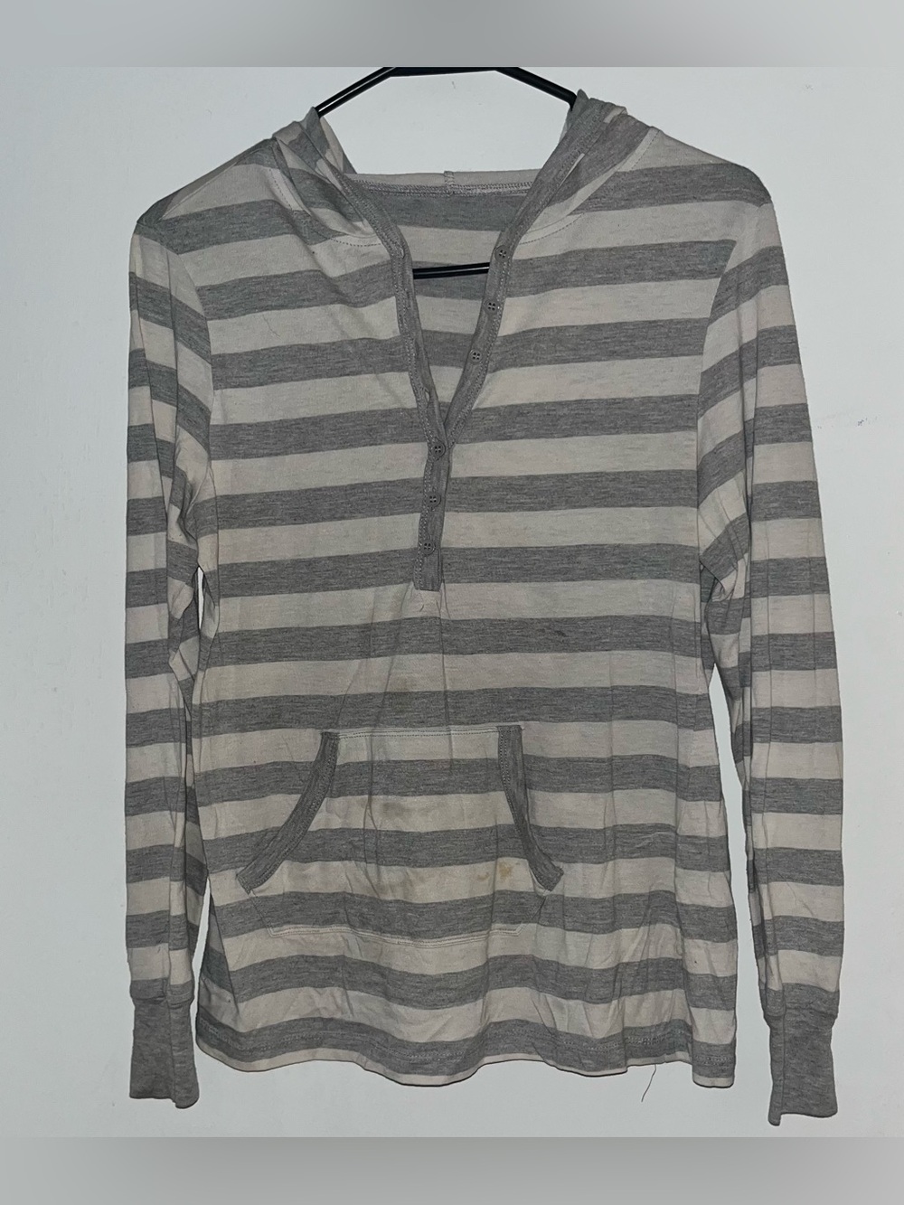 Time and Tru Gray and White Striped Hooded Henley Sweatshirt